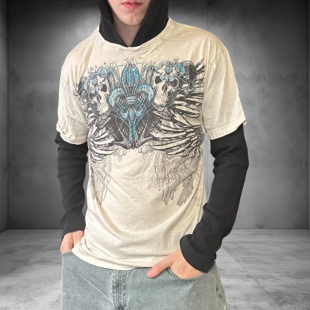 MMA Elite Mens Large Y2K Graphic Layered Hoodie Long Sleeve Skull White Black